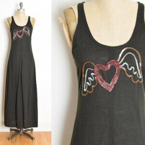 vintage 70s dress black sequin HEART wings racerback disco long maxi sundress S